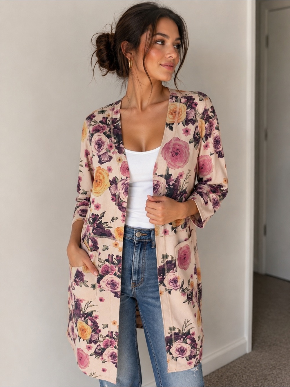 Joan Vass New York Floral Open Front Cardigan | Size Medium | Faux Leather Trim